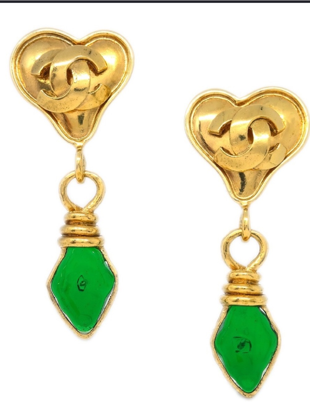 ChaneI Emerald Green Gold Tone Letter Logo 1995 Vintage Dangle Clip Earrings